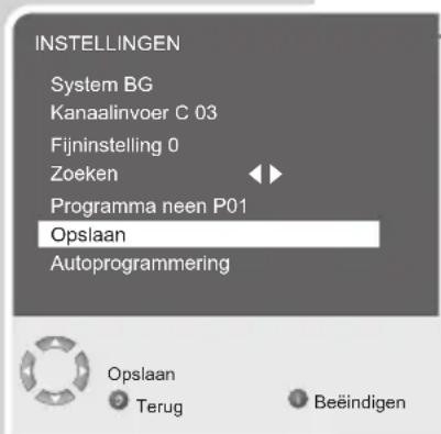 INSTELLINGEN System BG Kanaalinvoer C 03 Fijninstelling 0 Zoeken Programma neen P01 Opslaan Autoprogramming Opslaan Terug Beeindigen
