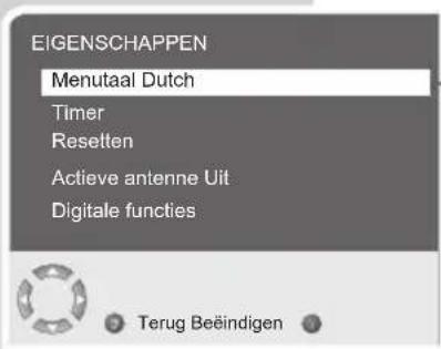 EIGENSCHAPPEN Menutaal Dutch Timer Resetten Actieve antenne Uit Digitale functies Terug Beëindigen