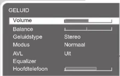 GELUID Volume Balance Geluidstype Modus AVL Equalizer Hoofdtelefoon Stereo Normaal Uit