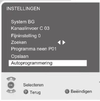 INSTELLINGEN System BG Kanaalinvoer C 03 Fijninstelling 0 Zoeken Programma neen P01 Opslaan Autoprogrammering Selecteren Terug Beeindigen