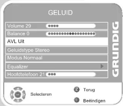 GELUID Volume 29 Balance 0 AVL Uit Geluidstype Stereo Modus Normaal Equalizer Hoofdtelefoon 21 GRUNDIG Selecteren Terug Beeindigen