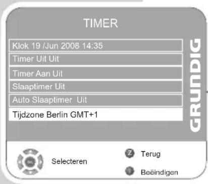 TIMER Klok 19 /Jun 2008 14:35 Timer Uit Uit Timer Aan Uit Slaaptimer Uit Auto Slaaptimer Uit Tijdzone Berlin GMT+1 GRUNDIG Selecteren Terug Beändigen