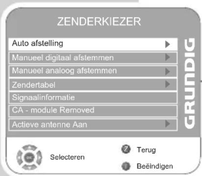 ZENDERKIEZER Auto afstelling Manueel digitaal afstemmen Manueel analoog afstemmen Zendertabel Signaalinformatie CA - module Removed Actieve antenne Aan Selecteren Terug Beëindigen