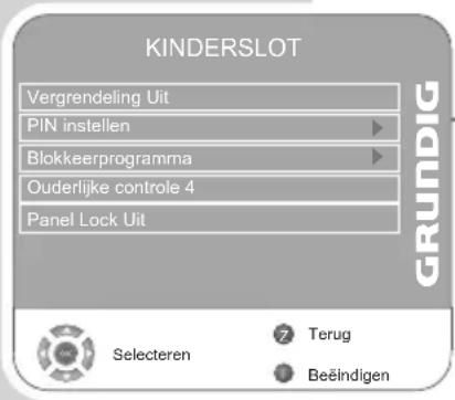 KINDERSLOT Vergrendeling Uit PIN instellen Blokkeerprogramma Ouderlijke controle 4 Panel Lock Uit GRUNDIG Selecteren 7 Terug 8 Beëindigen