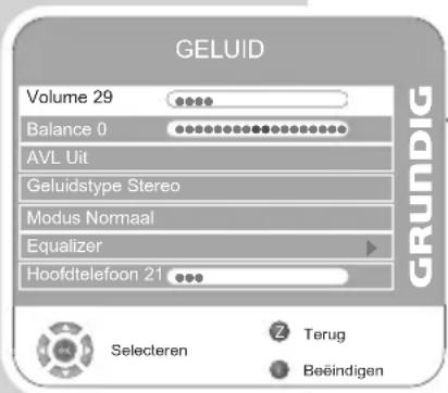 GELUID Volume 29 Balance 0 AVL Uit Geluidstype Stereo Modus Normaal Equalizer Hoofdtelefoon 21 GRUNDIG Selecteren Terug Beëindigen