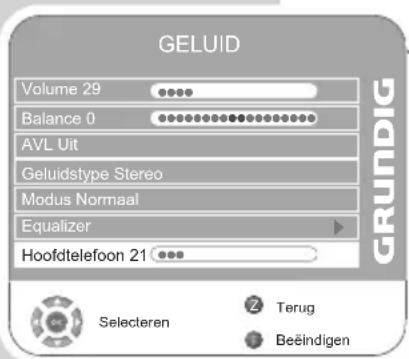 GELUID Volume 29 Balance 0 AVL Uit Geluidstype Stereo Modus Normaal Equalizer Hoofdtelefoon 21 GRUNDIG Selecteren Z Terug ● Beëindigen