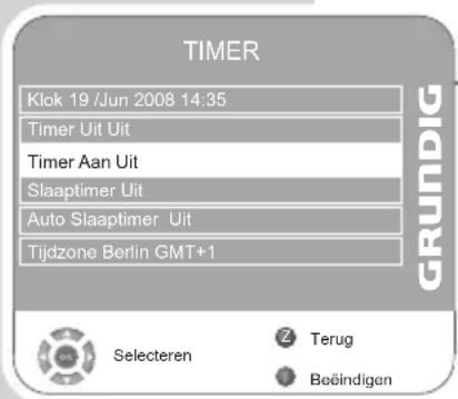 TIMER Klok 19 /Jun 2008 14:35 Timer Uit Uit Timer Aan Uit Slaaptimer Uit Auto Slaaptimer Uit Tijdzone Berlin GMT+1 GRUNDIG Selecteren Terug Beindigen