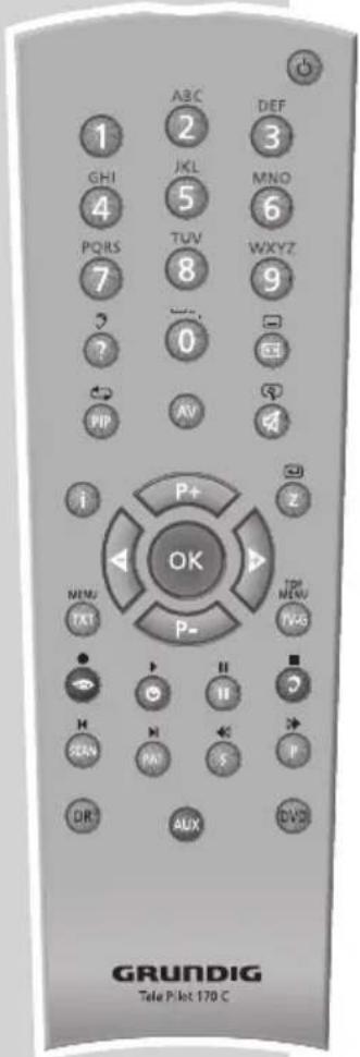1 GHI 4 PQRS 7 ? PIP ABC 2 JKL 5 TUV 8 AV 0 DEF 3 MNO 6 WXYZ 9 CEI P+ OK P- TIP NEW VAG H SCAN PAI S DR AUX DVD GRUNDIG Tele Pilot 170 C