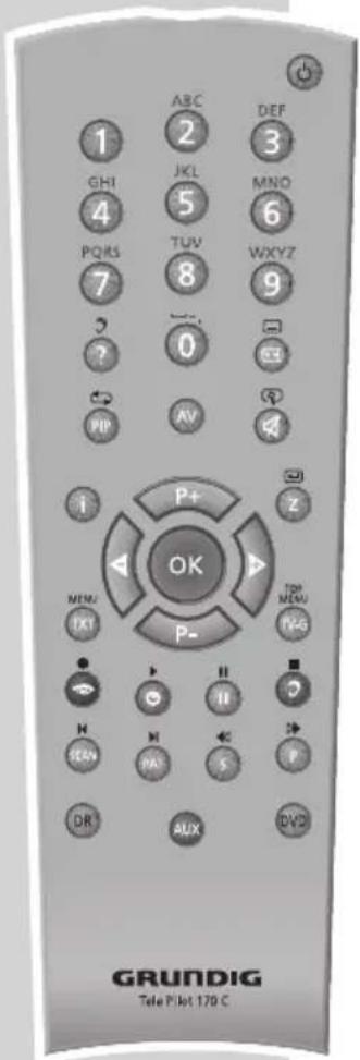 1 GHI 4 PQRS 7 ? PIP ABC 2 JKL 5 TUV 8 AV 0 ABC DEF 3 MNO 6 WXYZ 9 S3 P+ OK P- TOR MENU NAG I MENU PKI N SCAN PAI S DR AUX DVD GRUNDIG Tele Pilot 170 C