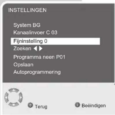 INSTELLINGEN System BG Kanaalinvoer C 03 Fijninstelling 0 Zoeken ◀► Programma neen P01 Opslaan Autoprogrammering Terug Beeindigen