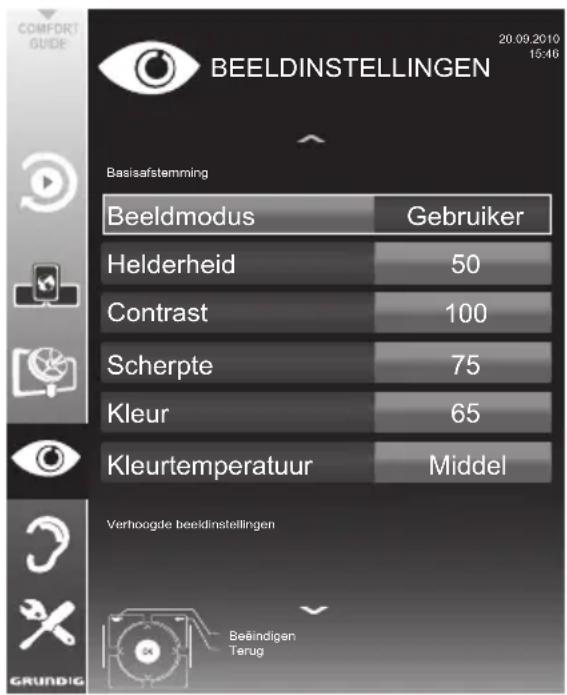 COMFORT GUIDE BEELDINSTELLINGEN 20.09.2010 15:46 Basisafstemming Beeldmodus Gebruiker Helderheid 50 Contrast 100 Scherpte 75 Kleur 65 Kleurtemperatuur Middel Verhoogde beeldinstellingen Beëindigen Terug GRUNDIG