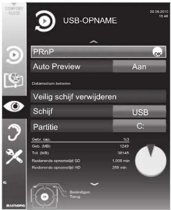 USB-OPNAME 20.09.2010 15.48 PRnP OK Auto Preview: Aan Datamedium beheren Veilig schijf verwijderen Schijf: USB Partitie: C: Gebr. cap.: 3% Geb. (MB): 1249 Tot. (MB): 38145 Resterende opnametijd SD: 1.008 min Resterende opnametijd HD: 268 min Beëindigen Terug GRUNDIG