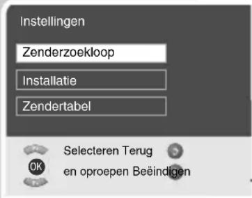 Instellingen Zenderzoekloop Installatie Zendertabel Selecteren Terug en oproepen Beëindigen