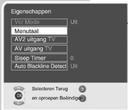 Eigenschappen Vcr Mode Uit Menutaal AV2 uitgang TV AV uitgang TV Sleep Timer 0 Auto Blackline Detect Uit Selecteren Terug en oproepen Beëindigen