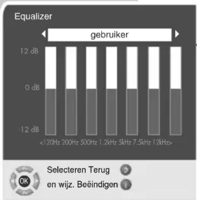 Equalizer gebruiker 12 dB 0 dB -12 dB <120Hz 200Hz 500Hz 1.2kHz 5kHz 7.5kHz 12kHz> Selecteren Terug en wijz. Beëindigen
