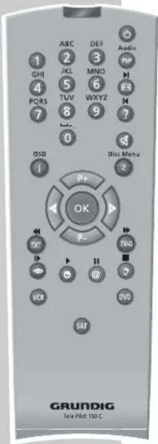 1 GHI 4 PQRS 7 OSC i ABC 2 JKL 5 TUV 8 0 DEF 3 MNO 6 WXYZ 9 Audio PIP F3 ? 4 Disc Menu 2 OK P+ P- TVG VCR II @ DVD SAT GRUNDIG Tele Pilot 150 C