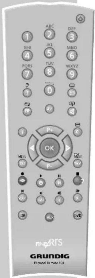 1 GHI 4 PQRS 7 2 7 PIP ABC 2 JKL 5 TUV 8 AV 0 DEF 3 MNO 6 WXYZ 9 E5 4 P+ OK P- MENU PXT TRP MENU TV-G SCAN PAT S P DR AUX DVD FINE ARTS GRUNDIG Personal Remote 100