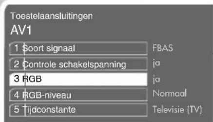 Toestelaansluitingen AV1 1 Soort signaal FBAS 2 Controle schakelspanning ja 3 RGB ja 4 RGB-niveau Normaal 5 Tijdconstante Televisie (TV)