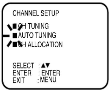 CHANNEL SETUP ■ OH TUNING ■ AUTO TUNING ■ SH ALLOCATION SELECT : ▲▼ ENTER : ENTER EXIT : MENU