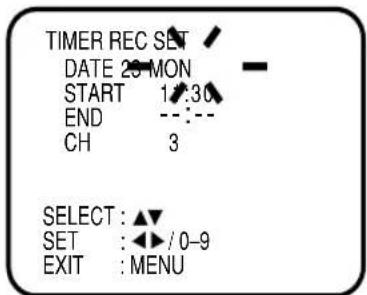TIMER REC SET DATE 20 MON START 1:30 END CH 3 SELECT : ▲ SET : ◀ / 0-9 EXIT : MENU