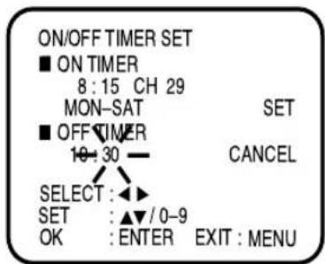 ON/OFF TIMER SET ■ ON TIMER 8:15 CH 29 MON-SAT SET ■ OFF TIMER 10:30 — CANCEL SELECT : ▶ SET : ▲/0-9 OK : ENTER EXIT : MENU