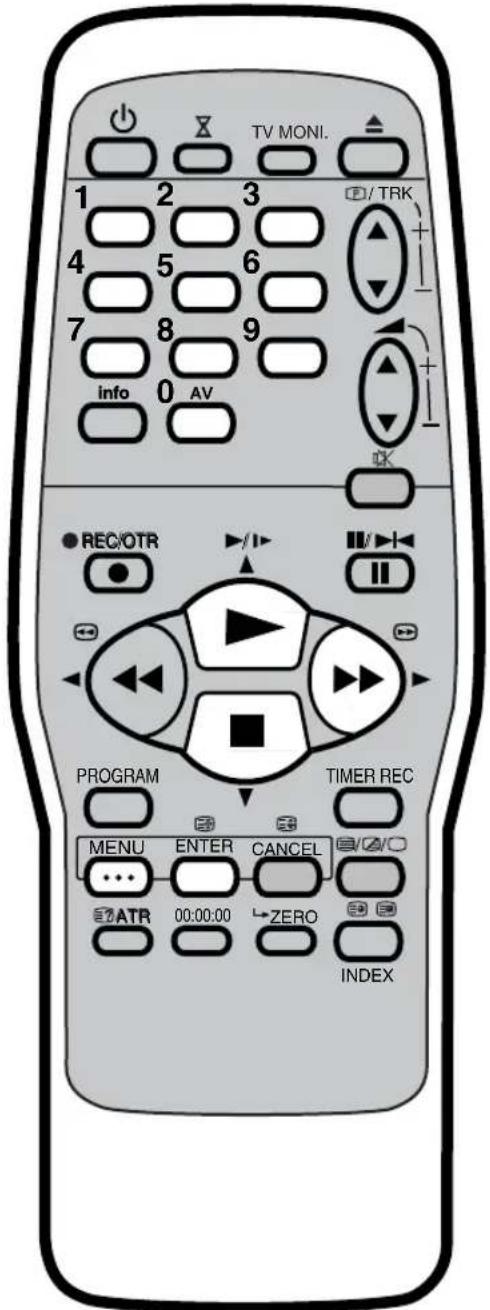 TV MONI. 1 2 3 4 5 6 7 8 9 info 0 AV / TRK REC/OTR PROGRAM TIMER REC MENU ENTER CANCEL ATR 00:00:00 ZERO INDEX
