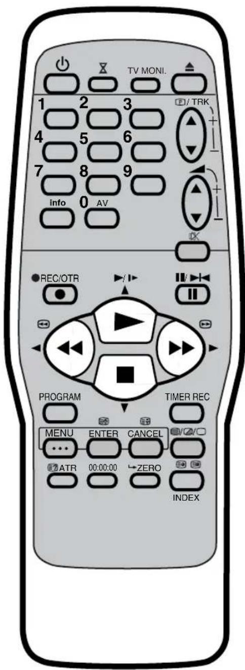 TV MONI. 1 2 3 4 5 6 7 8 9 info 0 AV REC/OTR PROGRAM TIMER REC MENU ENTER CANCEL ATR 00:00:00 ZERO INDEX