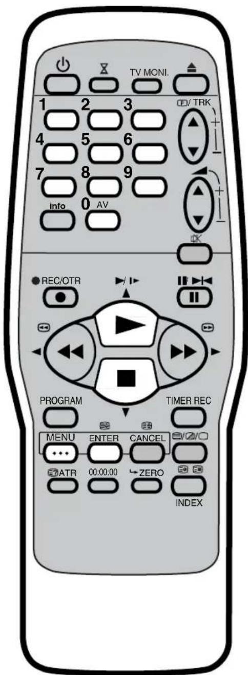 TV MONI. 1 2 3 4 5 6 7 8 9 info 0 AV REC/OTR PROGRAM TIMER REC MENU ENTER CANCEL ATR 00:00:00 ZERO INDEX