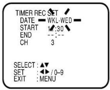 TIMER REC SET DATE — WKL-WED — START 1:30 END -- :-- CH 3 SELECT : ▲ SET : ◀ / 0-9 EXIT : MENU
