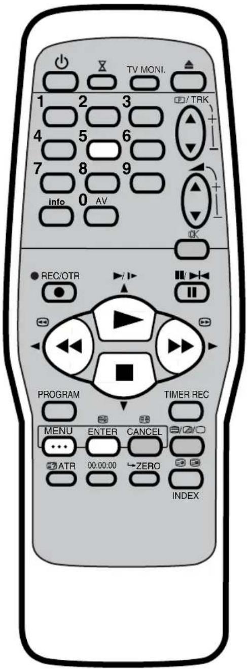 TV MONI. 1 2 3 4 5 6 7 8 9 info 0 AV REC/OTR PROGRAM TIMER REC MENU ENTER CANCEL ATR 00:00:00 ZERO INDEX