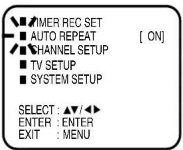 TIMER REC SET AUTO REPEAT [ ON] CHANNEL SETUP TV SETUP SYSTEM SETUP SELECT : ▲▼/◄► ENTER : ENTER EXIT : MENU