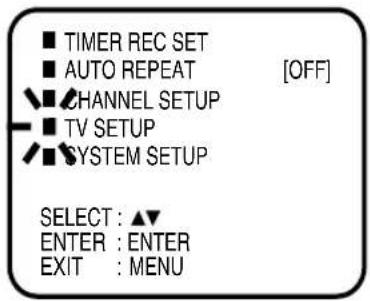 ■ TIMER REC SET ■ AUTO REPEAT [OFF] ▼ CHANNEL SETUP ■ TV SETUP ▼ SYSTEM SETUP SELECT : ▲▼ ENTER : ENTER EXIT : MENU