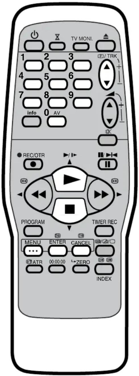 TV MONI. 1 2 3 4 5 6 7 8 9 info 0 AV REC/OTR PROGRAM TIMER REC MENU ENTER CANCEL ATR 00:00:00 ZERO INDEX