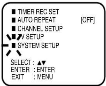 ■ TIMER REC SET ■ AUTO REPEAT [OFF] ■ CHANNEL SETUP ■ TV SETUP ■ SYSTEM SETUP SELECT : ▲▼ ENTER : ENTER EXIT : MENU