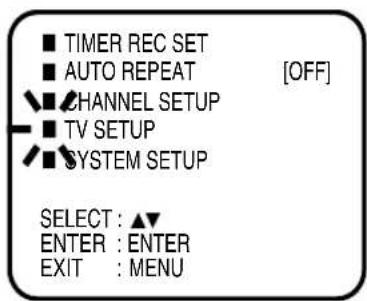 ■ TIMER REC SET ■ AUTO REPEAT [OFF] ▼ CHANNEL SETUP ■ TV SETUP ✓ SYSTEM SETUP SELECT : ▲▼ ENTER : ENTER EXIT : MENU