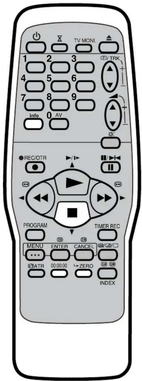TV MONI. 1 2 3 4 5 6 7 8 9 info 0 AV REC/OTR PROGRAM TIMER REC MENU ENTER CANCEL ATR 00:00:00 ZERO INDEX