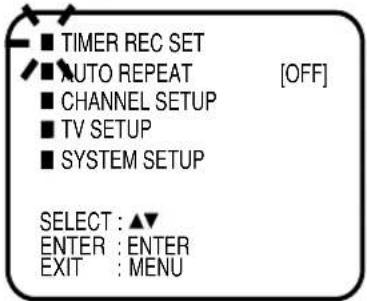 ■ TIMER REC SET ■ AUTO REPEAT [OFF] ■ CHANNEL SETUP ■ TV SETUP ■ SYSTEM SETUP SELECT : ▲▼ ENTER : ENTER EXIT : MENU