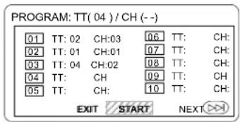 PROGRAM: TT(04) / CH (--) 01 TT: 02 CH:03 06 TT: CH: 02 TT: 01 CH:01 07 TT: CH: 03 TT: 04 CH:02 08 TT: CH: 04 TT: CH 09 TT: CH: 05 TT: CH: 10 TT: CH: EXIT START NEXT >