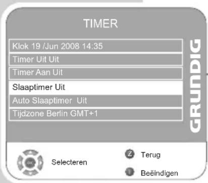 TIMER Klok 19 /Jun 2008 14:35 Timer Uit Uit Timer Aan Uit Slaaptimer Uit Auto Slaaptimer Uit Tijdzone Berlin GMT+1 GRUNDIG Selecteren Terug Beëindigen