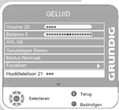 GELUID Volume 29 Balance 0 AVL Uit Geluidstype Stereo Modus Normaal Equalizer Hoofdtelefoon 21 GRUNDIG Selecteren Terug Beëindigen