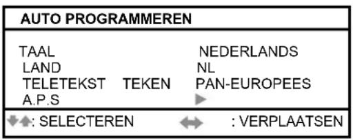 AUTO PROGRAMMEREN TAAL LAND TELETEKST TEKEN A.P.S NEDERLANDS NL PAN-EUROPEES ♦: SELECTEREN ↔ : VERPLAATSEN