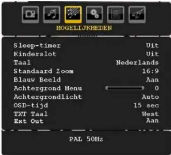 MOGELIJKHEDEN Sleep-timer Kinderslot Taal Standaard Zoom Blauw Beeld Achtergrond Menu Achtergrondlicht OSD-tijd TXT Taal Ext Out Uit Uit Nederlands 16:9 Aan 0 Auto 15 sec West Aan PAL 50Hz