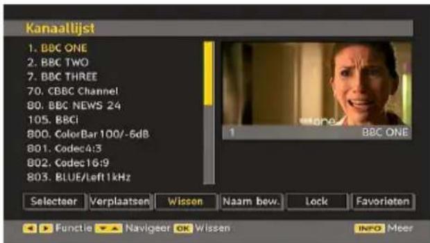 Kanaallijst 1. BBC ONE 2. BBC TWO 7. BBC THREE 70. CBBC Channel 80. BBC NEWS 24 105. BBCi 800. ColorBar 100/-6dB 801. Codec4:3 802. Codec16:9 803. BLUE/Left1kHz Selecteer Verplaatsen Wissen Naam bew. Lock Favorieten ►► Functie ► Naviger OK Wissen INFO Meer