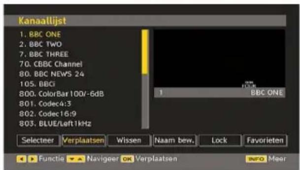 Kanaallijst 1. BBC ONE 2. BBC TWO 7. BBC THREE 70. CBBC Channel 80. BBC NEWS 24 105. BBCI 800. ColorBar 100/-6dB 801. Codec4:3 802. Codec16:9 803. BLUE/Left 1kHz Selecteer Verplaatsen Wissen Naam bew. Lock Favorieten ► Functie ► Naviger OK Verplaatsen INFO Meer