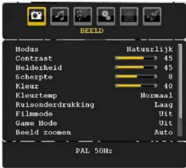 BEELD Modus Natuurlijk Contrast 45 Helderheid 45 Scherpte 8 Kleur 40 Kleurtemp Normaal Ruisonderdrukking Laag Filmmode Uit Game Mode Uit Beeld zoomen Auto PAL 50Hz