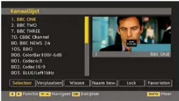 Kanaallijst 1. BBC ONE 2. BBC TWO 7. BBC THREE 70. CBBC Channel 80. BBC NEWS 24 105. BBC 800. ColorBar 100/-6dB 801. Codec 4:3 802. Codec 16:9 803. BLUE/Left 1kHz Selecteer Verplaatsen Wissen Naam bew. Lock Favorieten ► Functie ▼ Naviger OK Bekijken INFO Meer