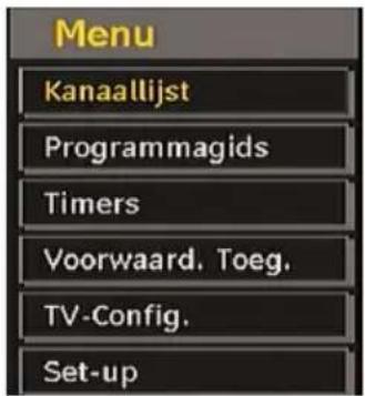 Menu Kanaallijst Programmagids Timers Voorwaard. Toeg. TV-Config. Set-up