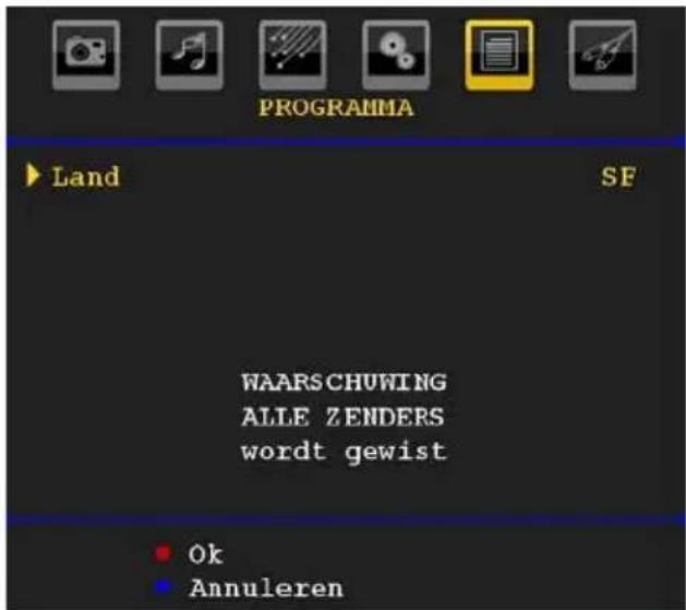 PROGRAMMA ► Land SF WAARSCHUWING ALLE ZENDERS wordt gewist ● Ok ● Annuleren