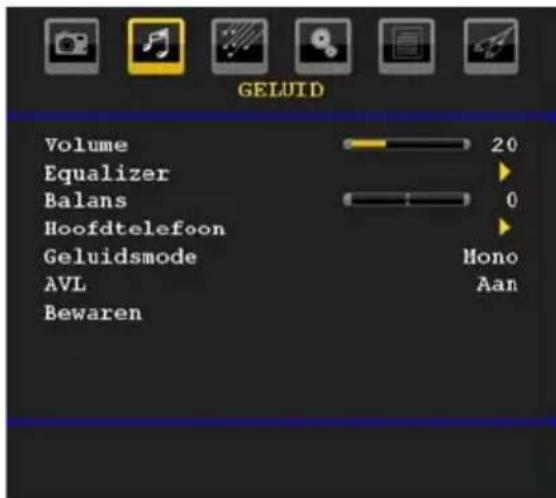 GELUID Volume 20 Equalizer Balans 0 Hoofdtelefoon Geluidsmode Mono AVL Aan Bewaren