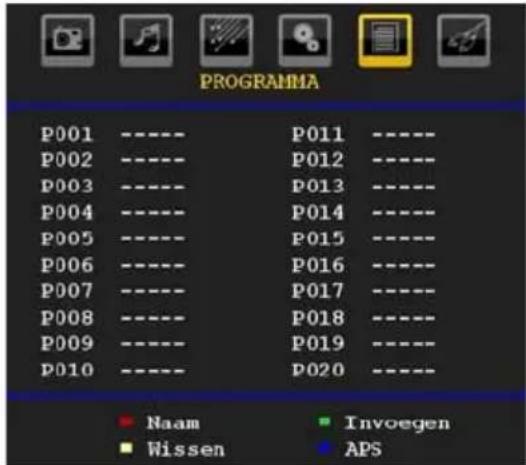 PROGRAMA P001 ---- P011 ---- P002 ---- P012 ---- P003 ---- P013 ---- P004 ---- P014 ---- P005 ---- P015 ---- P006 ---- P016 ---- P007 ---- P017 ---- P008 ---- P018 ---- P009 ---- P019 ---- P010 ---- P020 ---- ■ Naam ■ Invoegen ■ Wissen ● APS